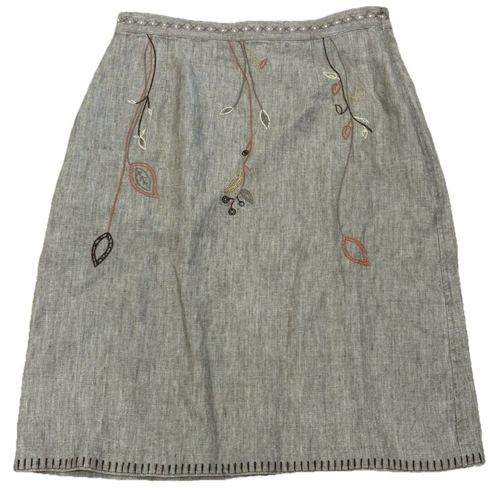 J Jill Linen Skirt Womens 8p Petite Floral Embroidered Pencil